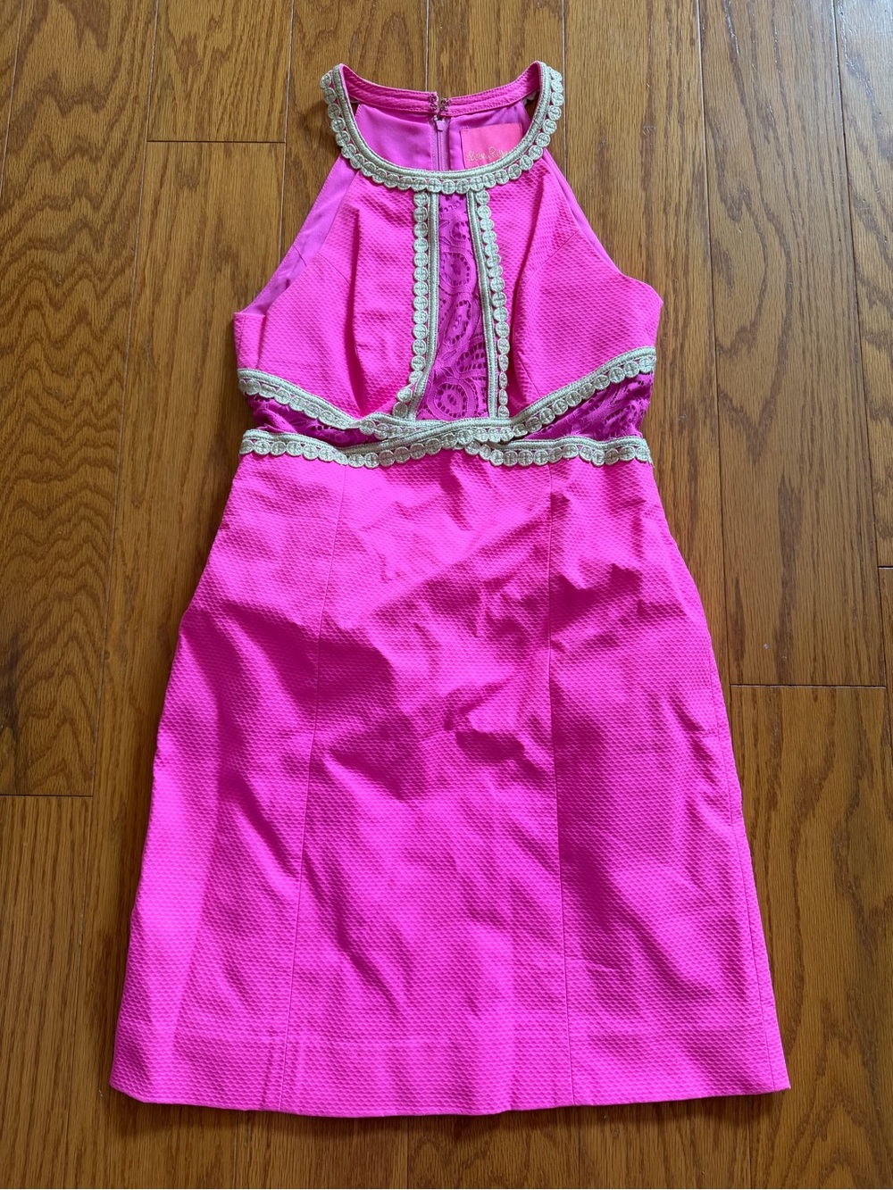 Lilly Pulitzer Hot Pink Halter Dress with Gold Design 0
